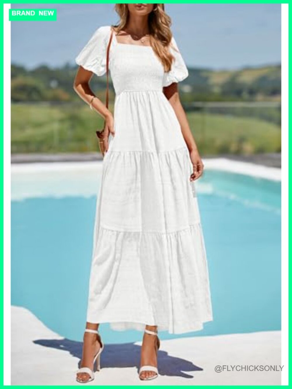 Puff Short Sleeve Maxi Dress Square Neck Smocked Tiered Ruffle A Line Flowy - Picture 4 of 7